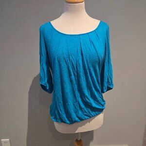Olivia Moon Scoop Neck Pleated Blouse | Size Medium | Turquoise Blue
